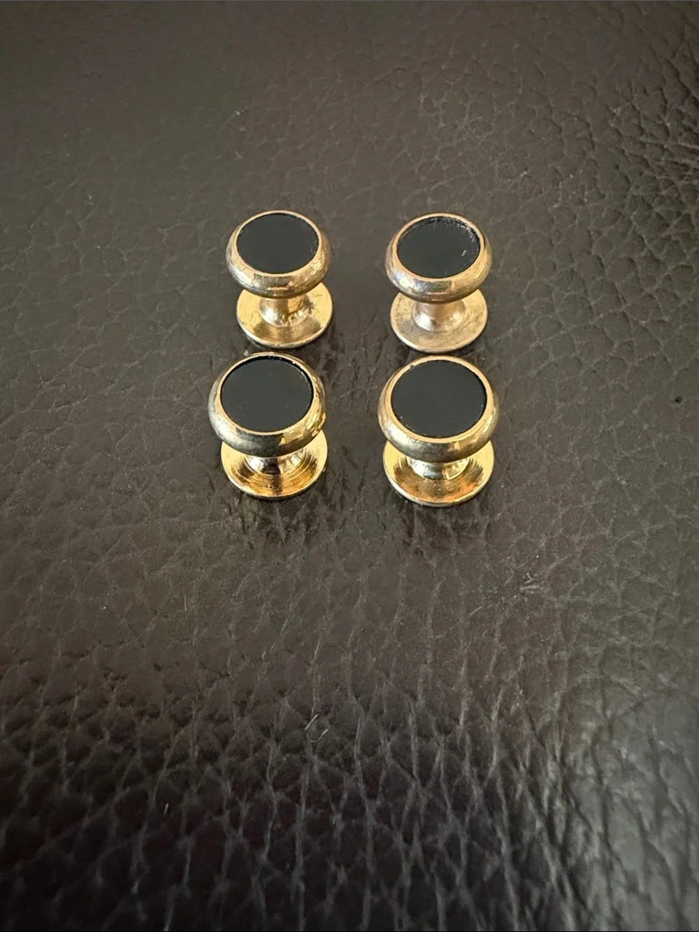 Vtg Formal Cuff Links & Shirt Studs w/a Round Black Onyx Design & Gold Tones